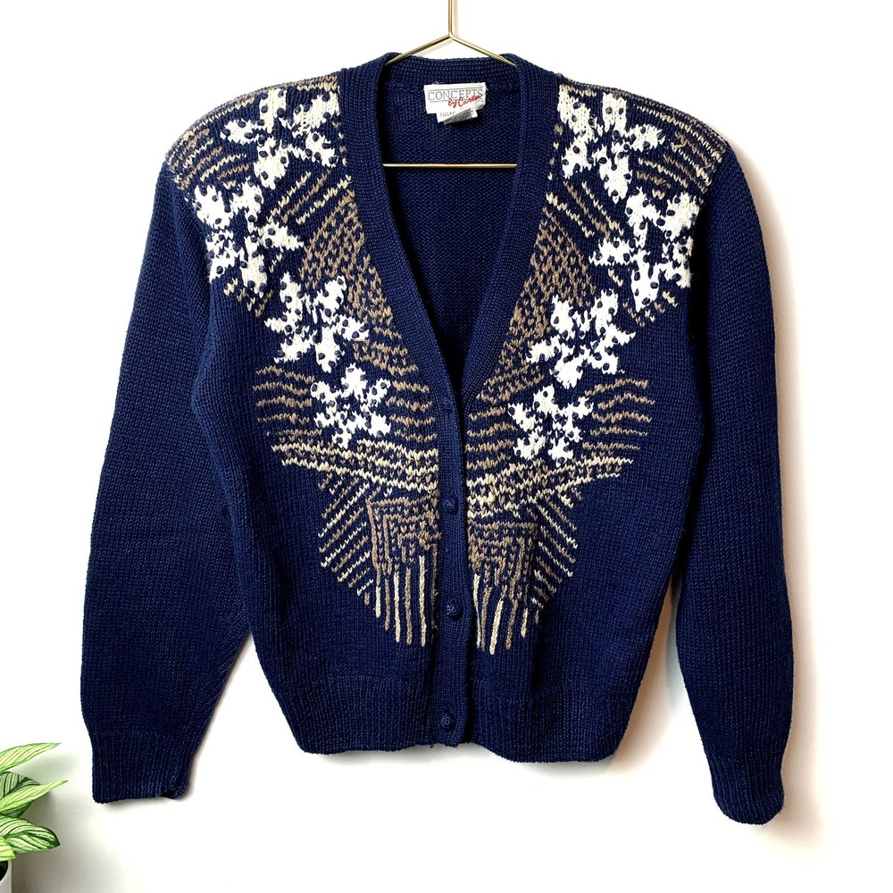 Vintage 90s Hand Knitted Blue Cottage Core Concepts by Carer Sweater Cardigan- M